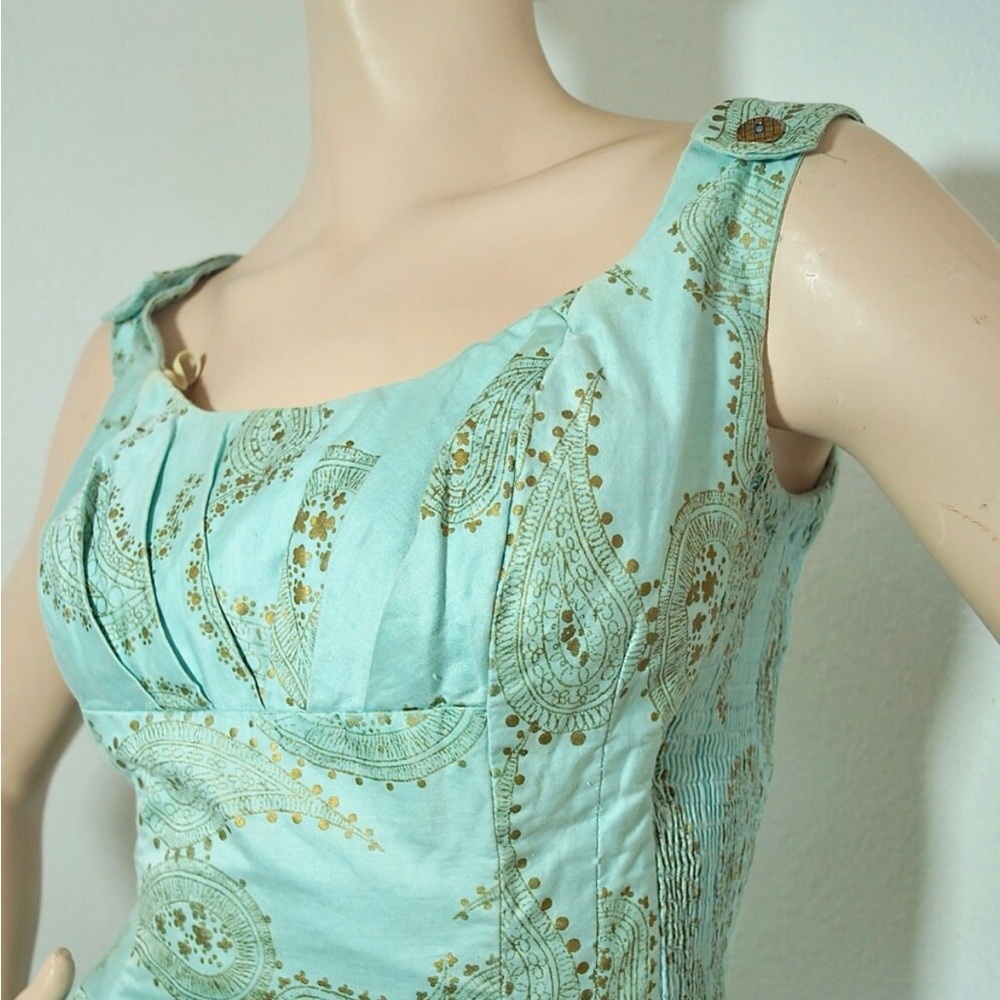 Vintage Alfred Shaheen Hawaiian Seafoam Gold Metallic Paisley Bombshell Dress - Picture 5 of 17